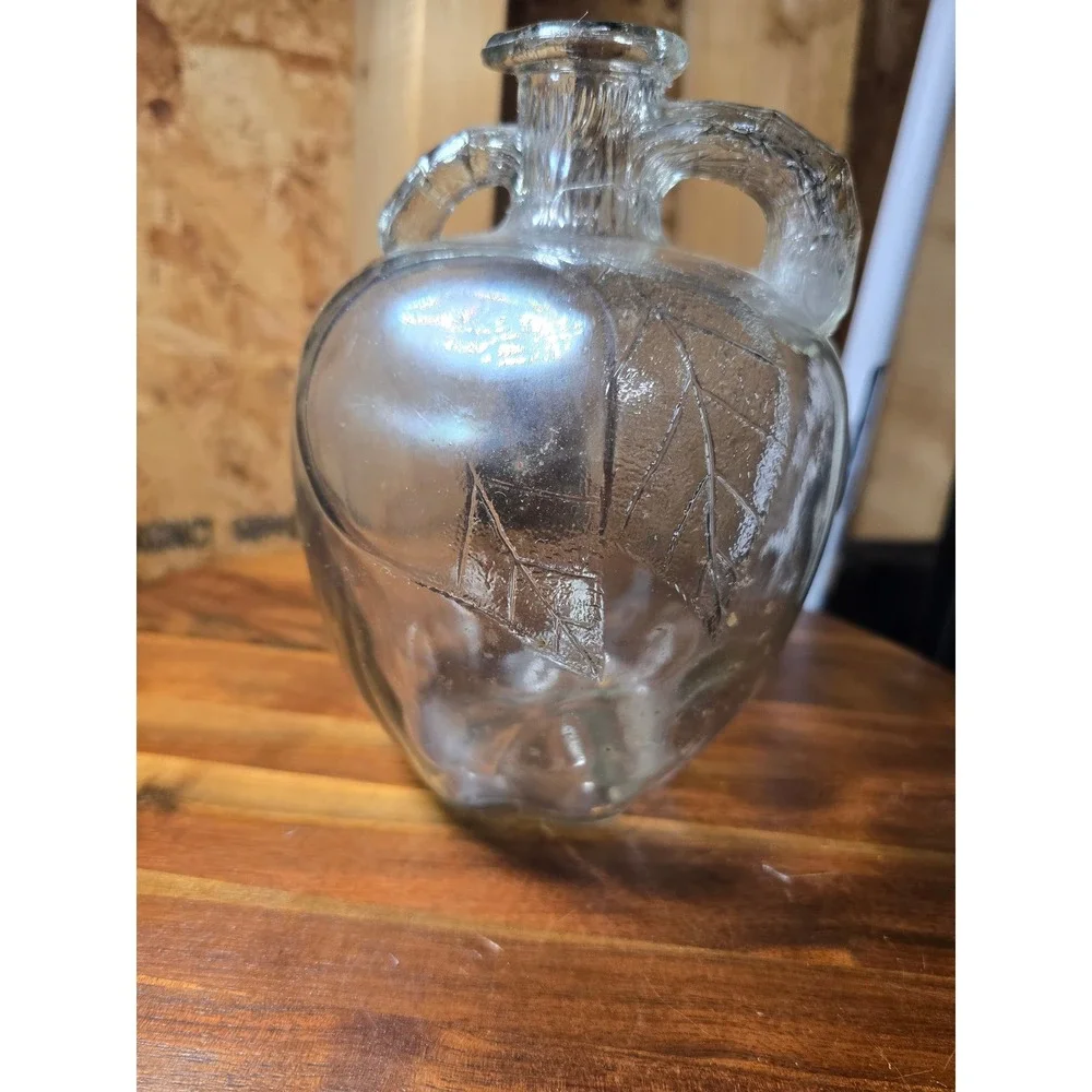 Vintage Clear Glass Apple Shaped Decorative Jug Double Handle Leaf Embossed 7in